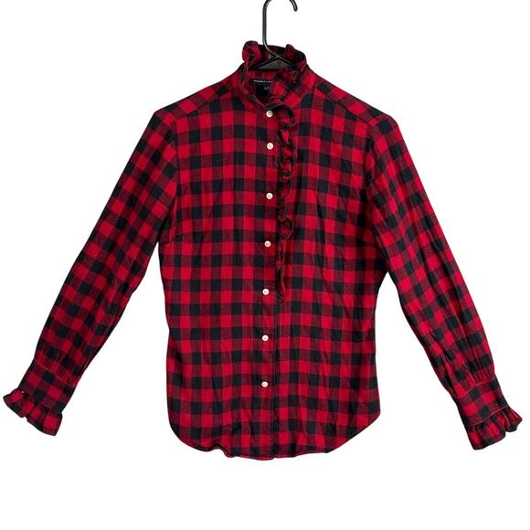 Ralph Lauren Sport Women's Flannel Shirt Buffalo Check Ruffle Neck SZ 4 Preppy - Picture 1 of 8